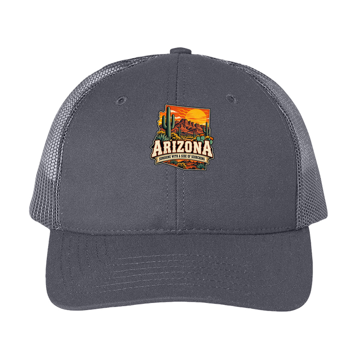 Charcoal Arizona Sunshine With a Side of Scorching Trucker Hat, front view
