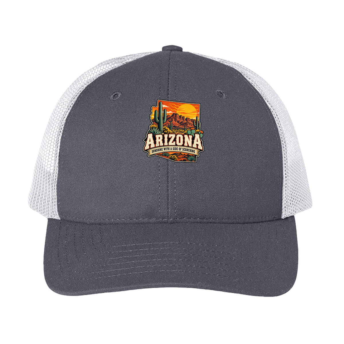 Charcoal/ White Arizona Sunshine With a Side of Scorching Trucker Hat, front view
