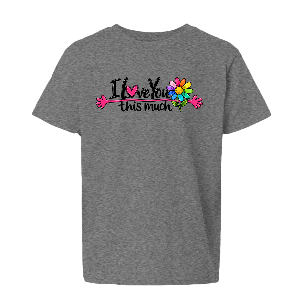 Graphite Heather I Love You This Much Colorful Daisy Youth T-Shirt, front view