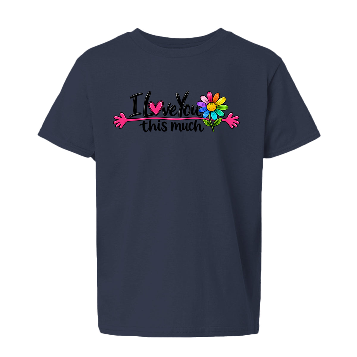 Navy I Love You This Much Colorful Daisy Youth T-Shirt, front view