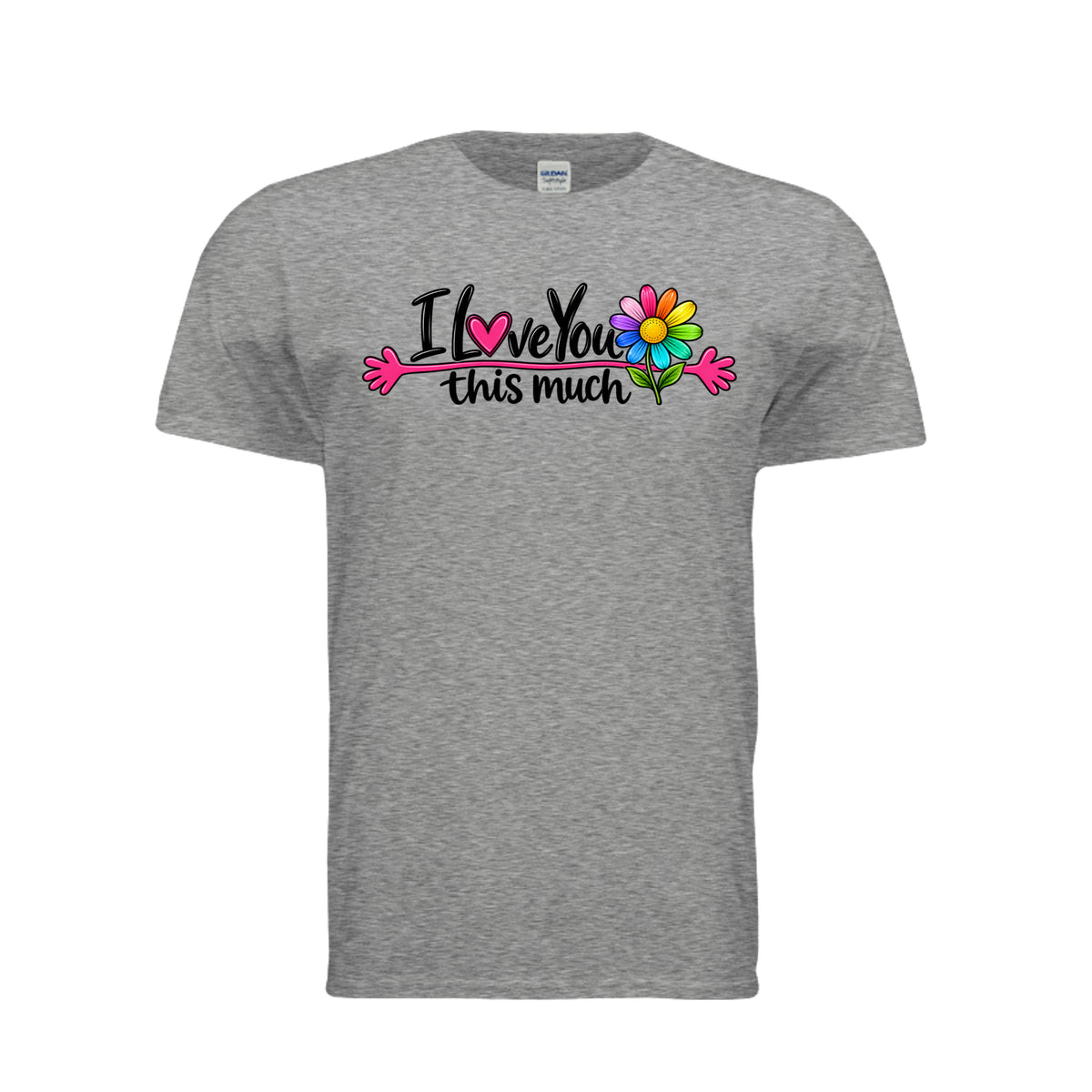 Graphite Heather I Love You This Much Colorful Daisy Adult T-Shirt, front view