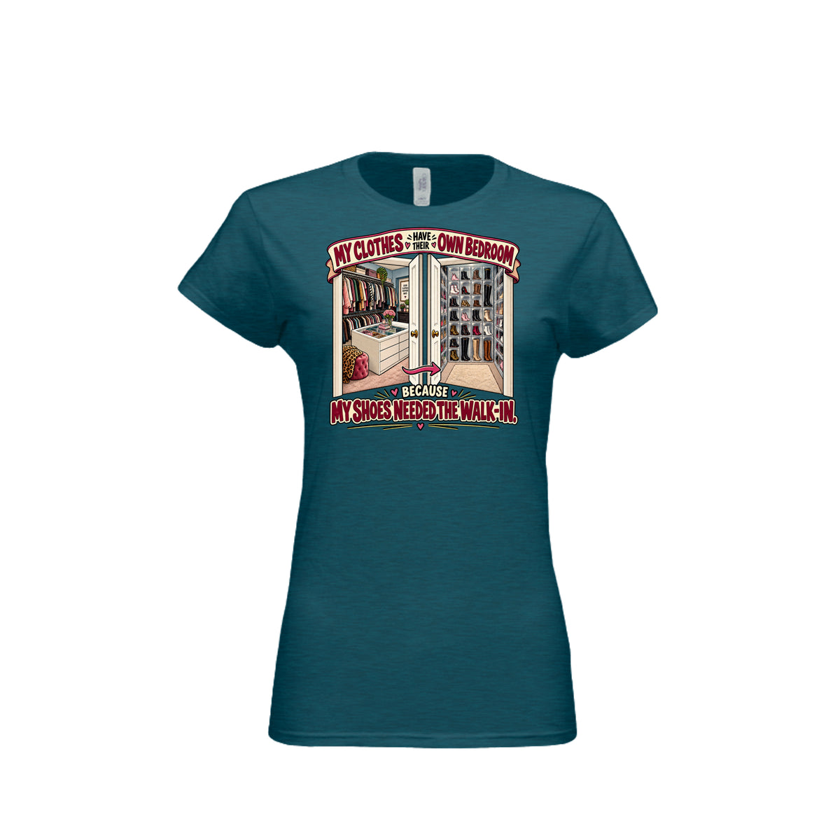 Antique Sapphire Funny Shoe Lover T-Shirt – My Shoes Needed the Walk-In, front view
