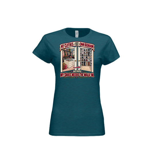 Antique Sapphire Funny Shoe Lover T-Shirt – My Shoes Needed the Walk-In, front view

