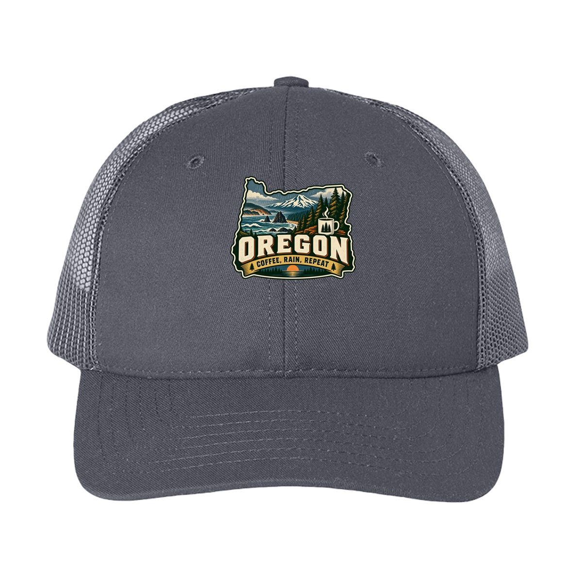 Gray  Oregon trucker cap with mountain, forest, coffee mug, and “Coffee, Rain, Repeat” graphic