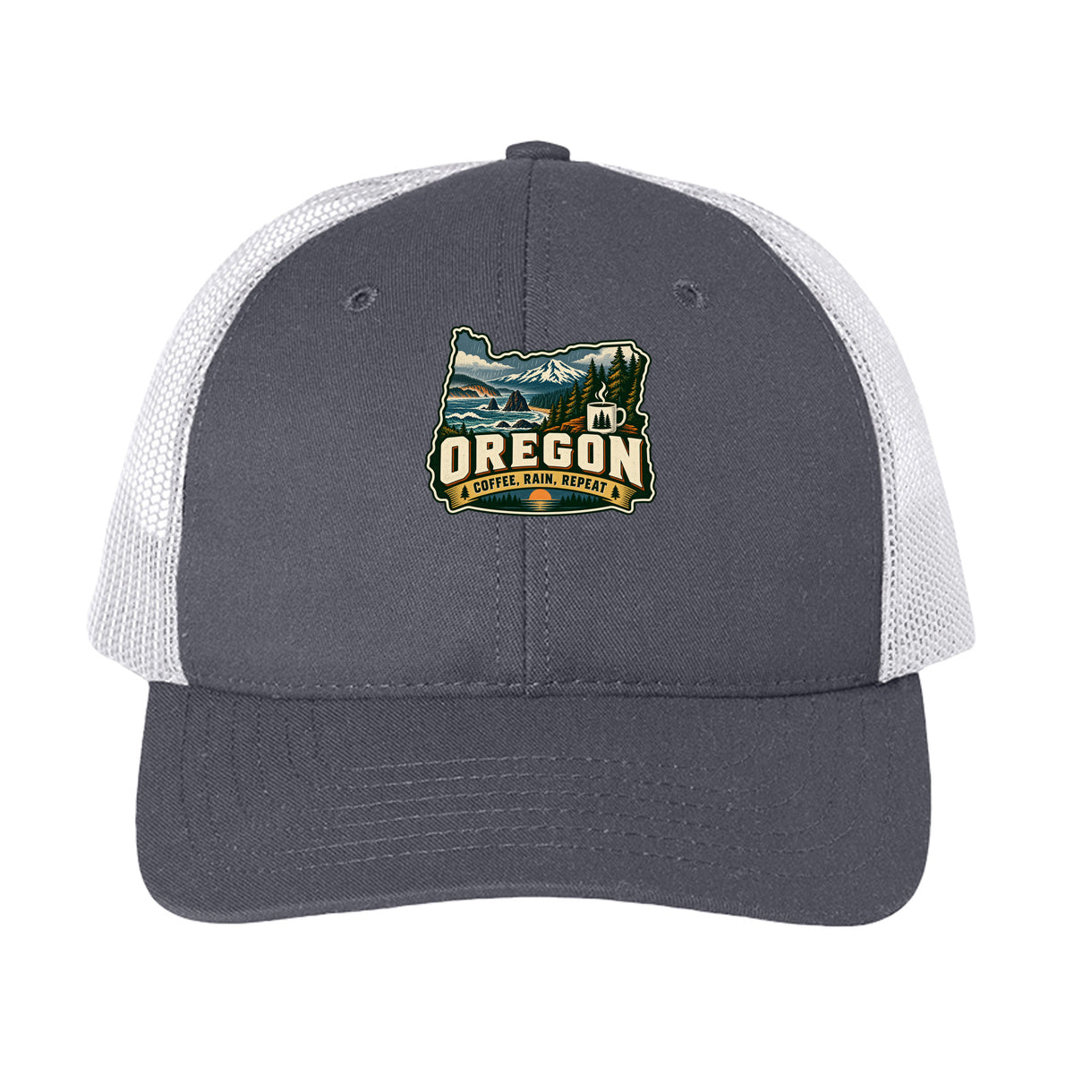 Gray and white Oregon trucker cap with mountain, forest, coffee mug, and “Coffee, Rain, Repeat” graphic