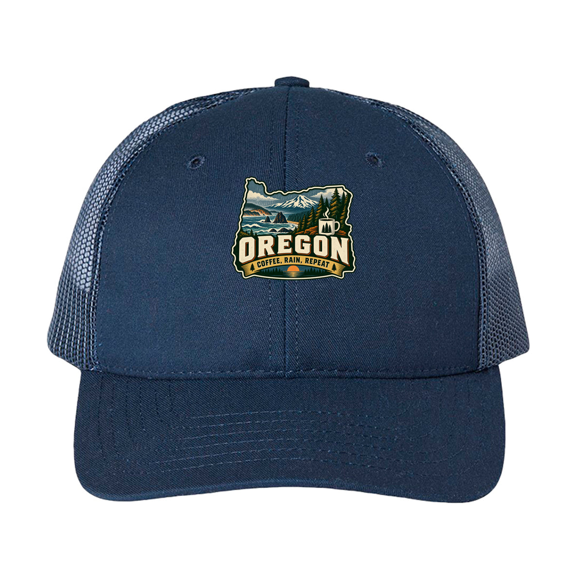 Navy Oregon trucker cap with mountain, forest, coffee mug, and “Coffee, Rain, Repeat” graphic