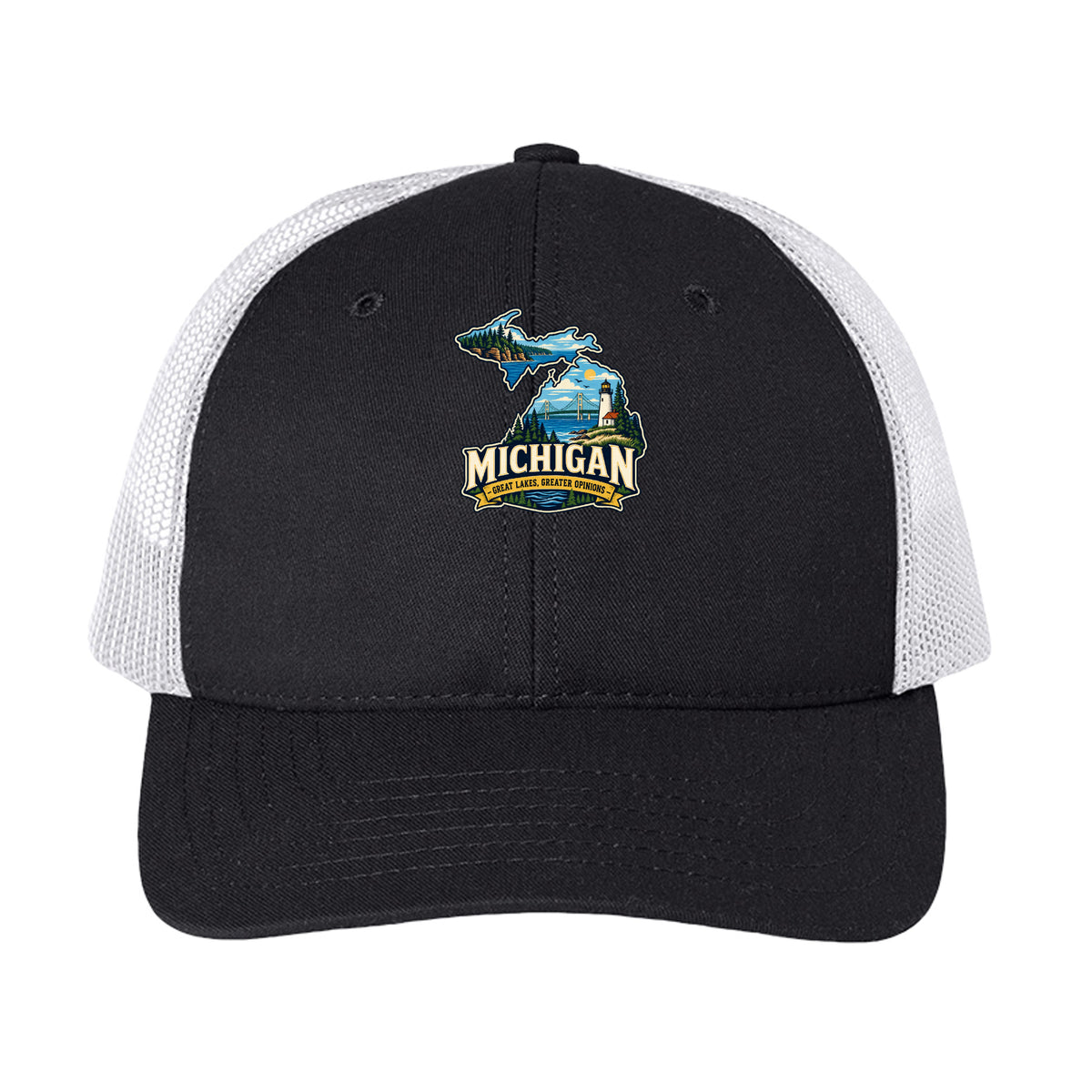 Black/ White Michigan Great Lakes Greater Opinions Trucker Cap, front view
