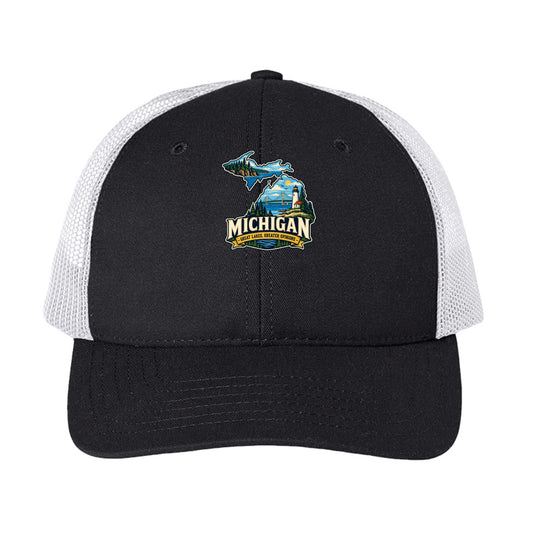 Black/ White Michigan Great Lakes Greater Opinions Trucker Cap, front view
