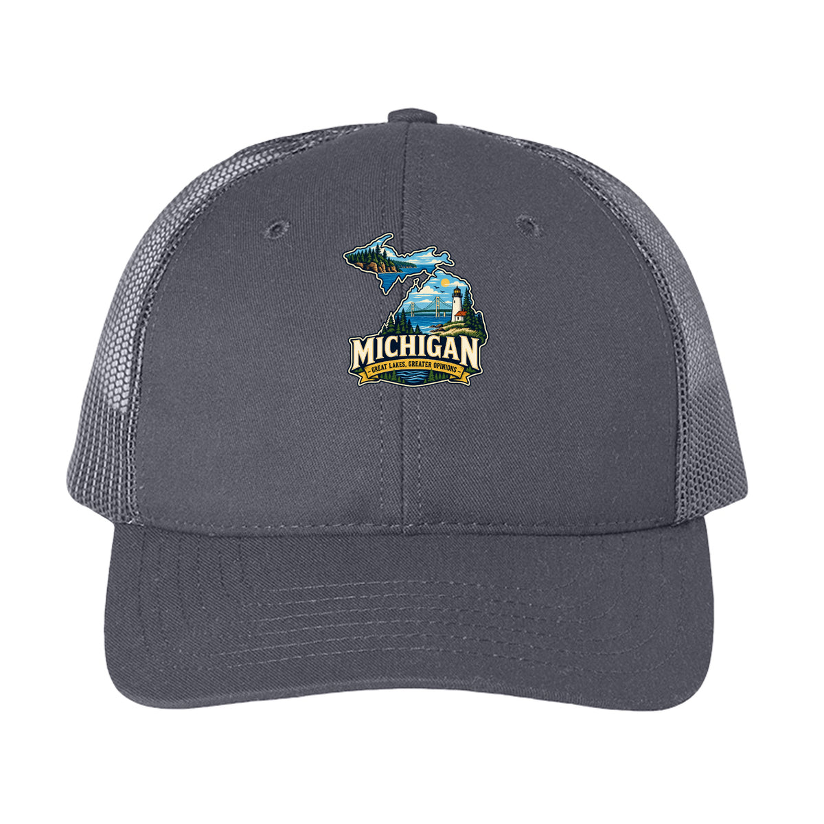 Charcoal Michigan Great Lakes Greater Opinions Trucker Cap, front view