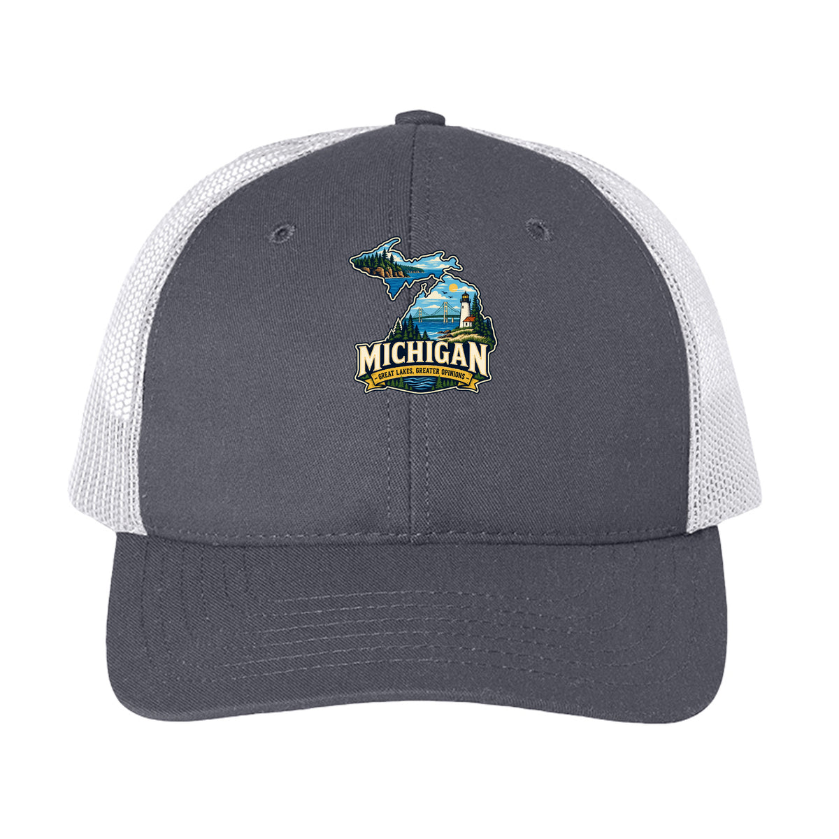 Charcoal/ White Michigan Great Lakes Greater Opinions Trucker Cap, front view