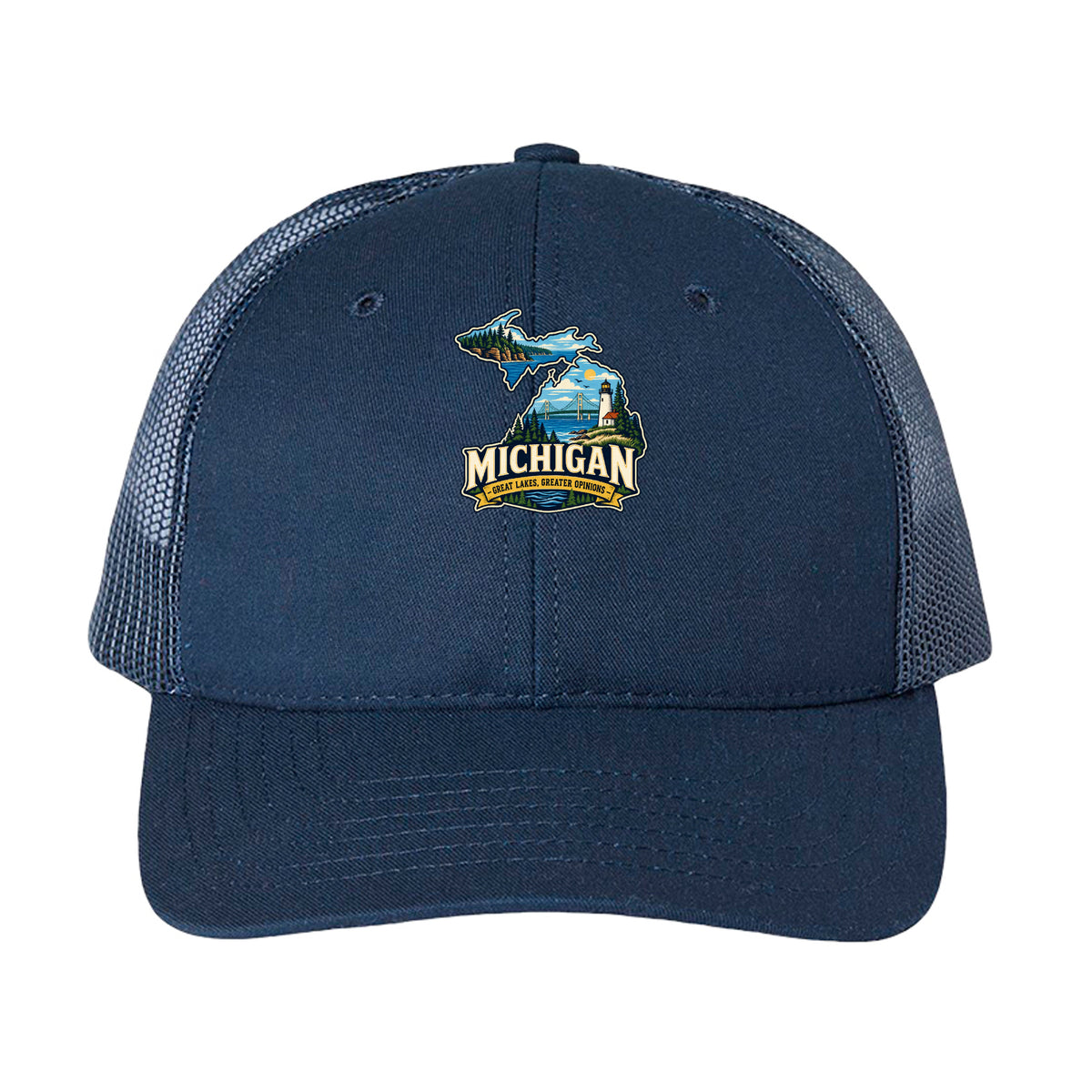 Navy Michigan Great Lakes Greater Opinions Trucker Cap, front view