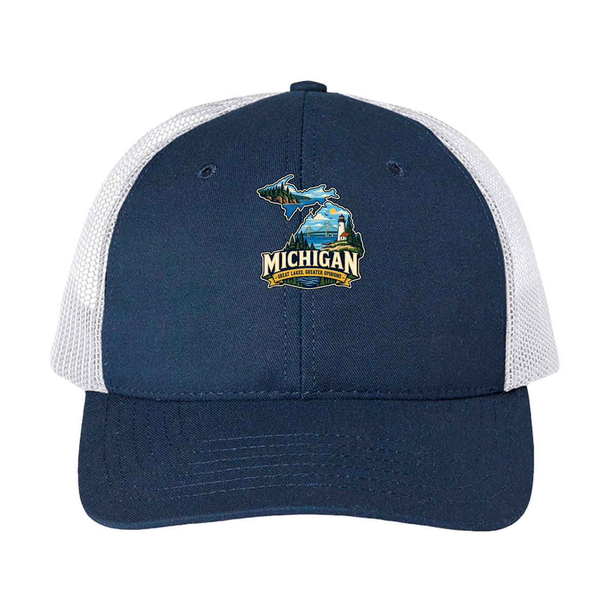 Navy/ White Michigan Great Lakes Greater Opinions Trucker Cap, front view