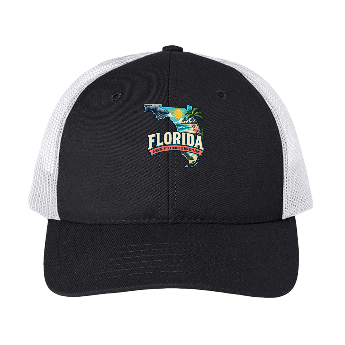 Black/ White Florida Sunshine With a Chance of Sideways Rain Trucker Cap, front view
