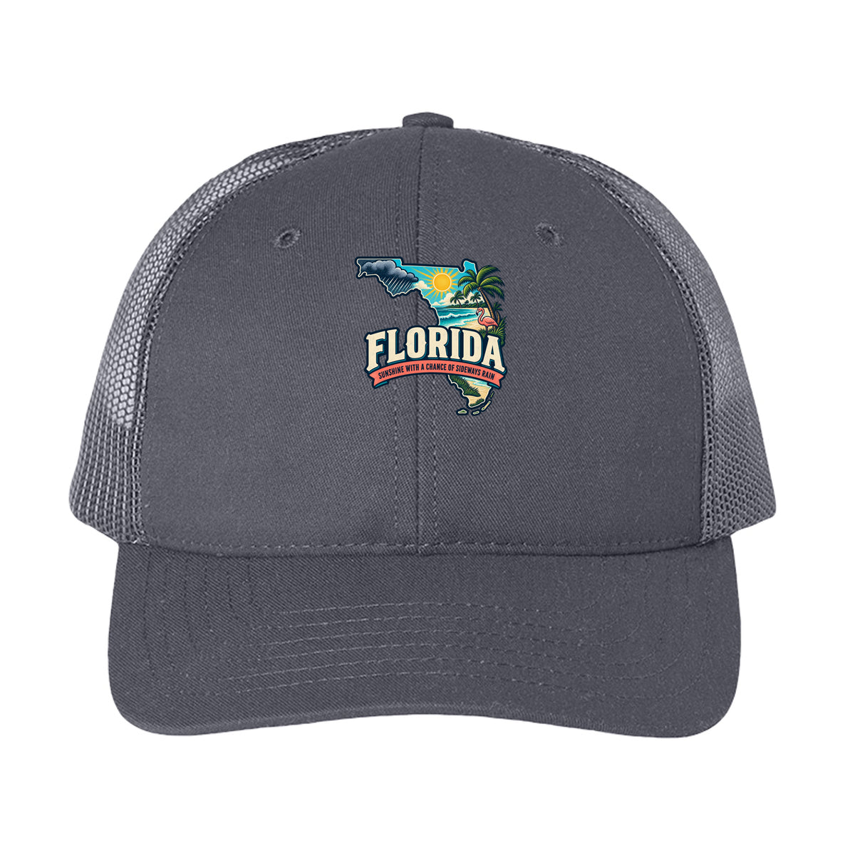 Charcoal Florida Sunshine With a Chance of Sideways Rain Trucker Cap – Made in USA, product view