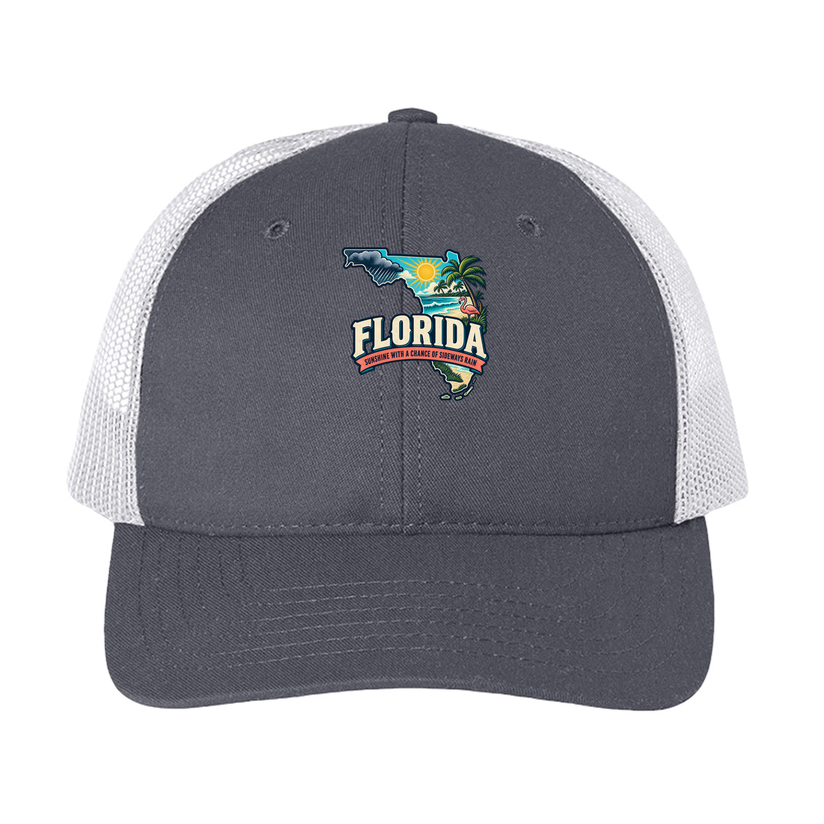 Charcoal/ White Florida Sunshine With a Chance of Sideways Rain Trucker Cap, front view
