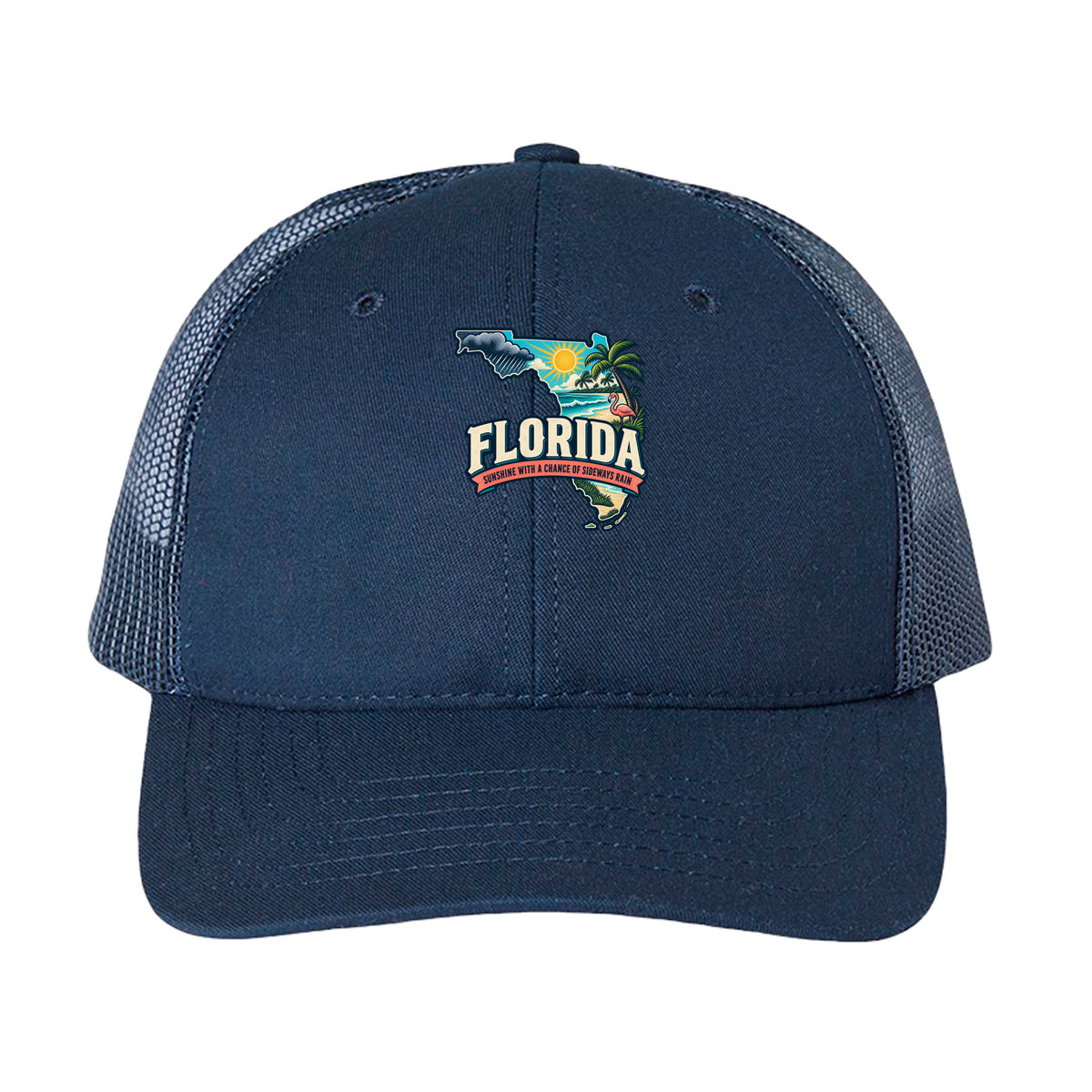 Navy Florida Sunshine With a Chance of Sideways Rain Trucker Cap, front view
