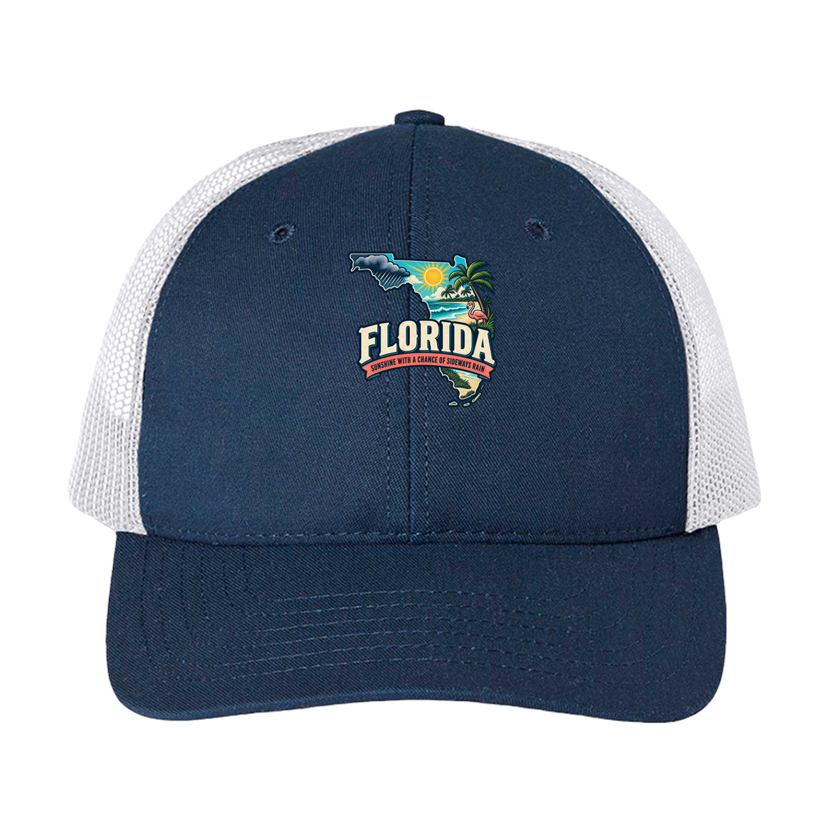 Navy/ White Florida Sunshine With a Chance of Sideways Rain Trucker Cap, front view
