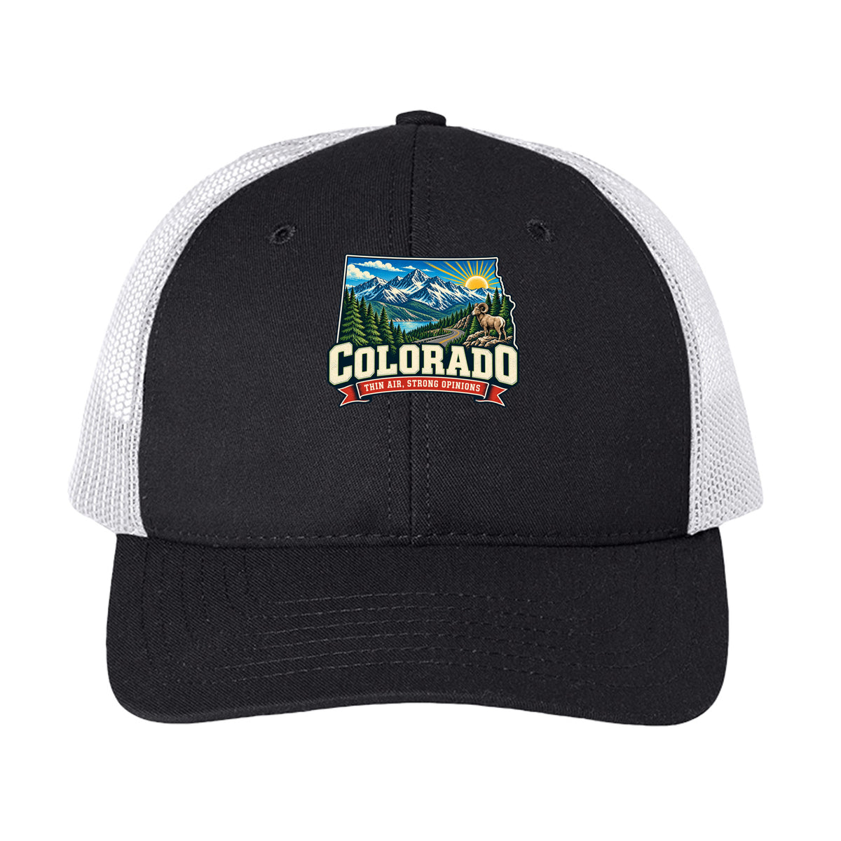 Black/ White Colorado Thin Air Strong Opinions Trucker Cap, front view
