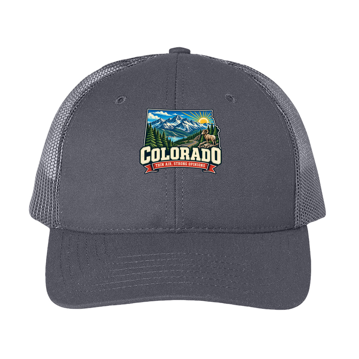 Charcoal Colorado Thin Air Strong Opinions Trucker Cap, front view
