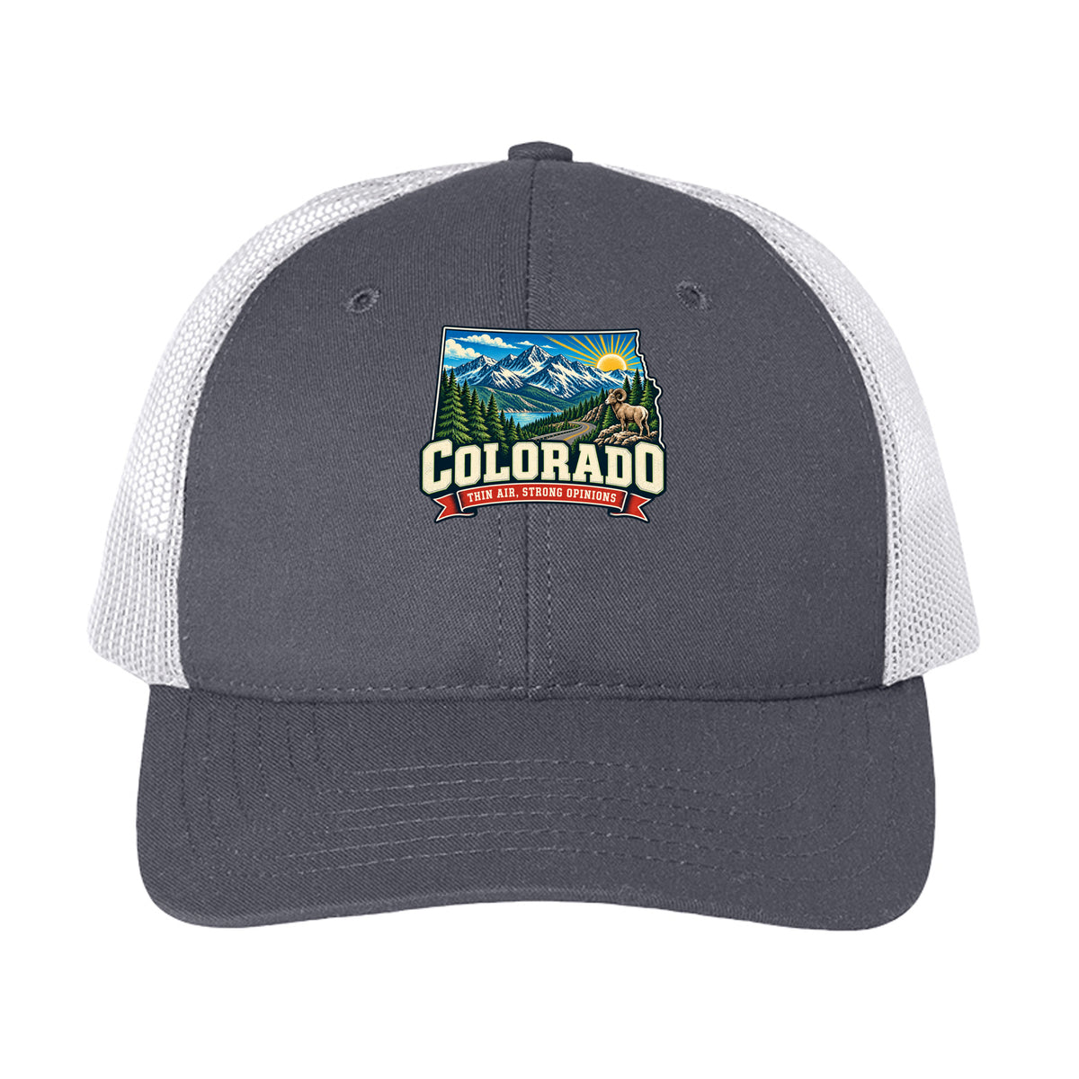 Charcoal/ White Colorado Thin Air Strong Opinions Trucker Cap, front view
