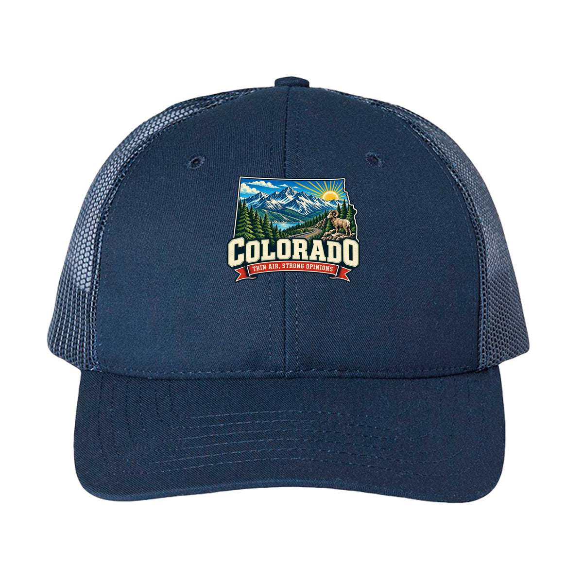 Navy Colorado Thin Air Strong Opinions Trucker Cap, front view
