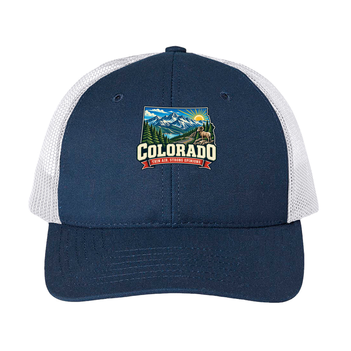 Navy/ White Colorado Thin Air Strong Opinions Trucker Cap, front view
