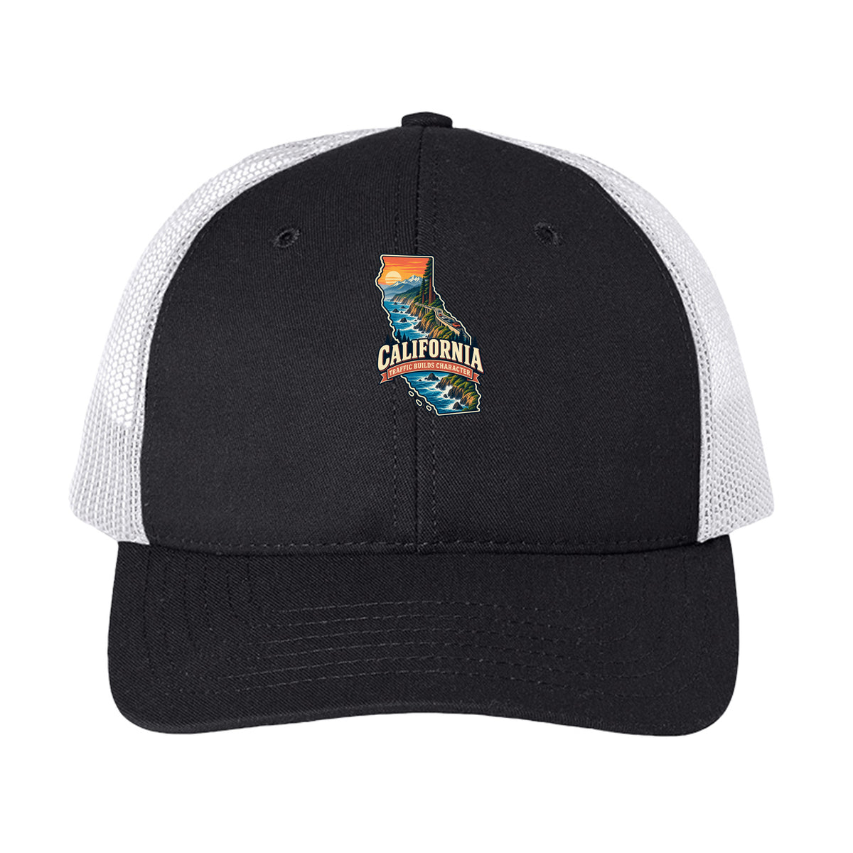 Black/ White California Traffic Builds Character Trucker Cap, front view
