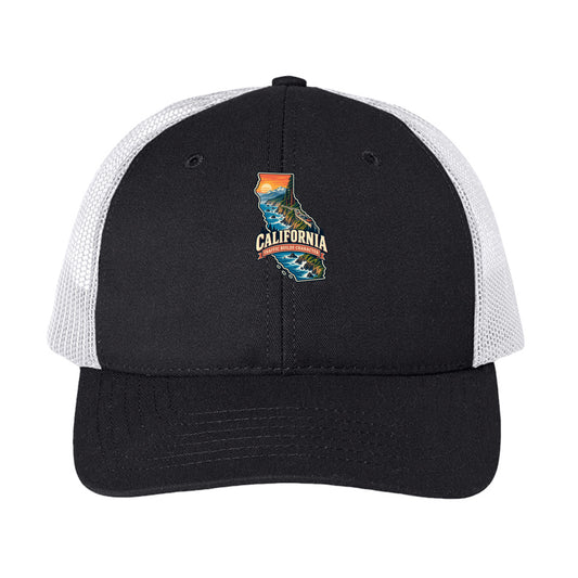 Black/ White California Traffic Builds Character Trucker Cap, front view
