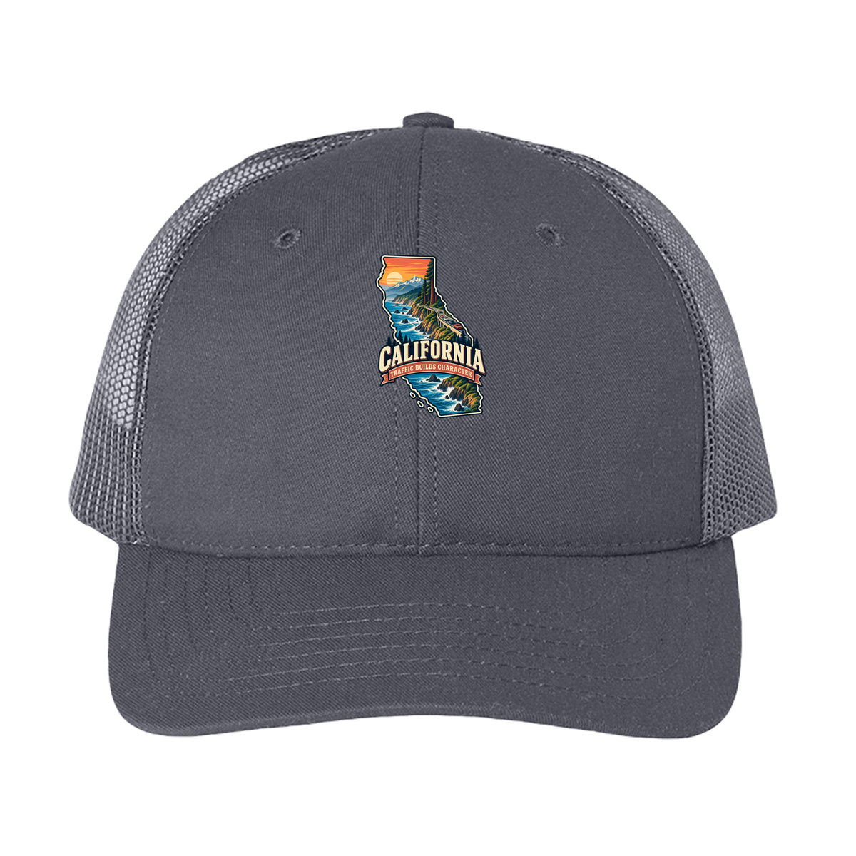 Charcoal California Traffic Builds Character Trucker Cap, front view
