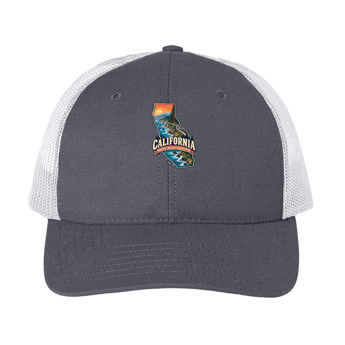 Charcoal/ White California Traffic Builds Character Trucker Cap, front view

