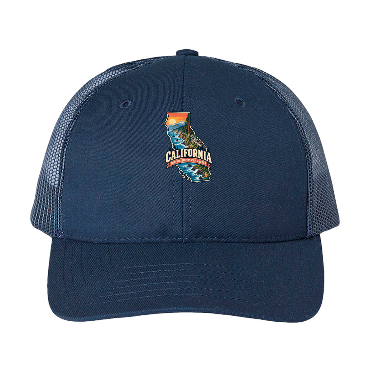 Navy California Traffic Builds Character Trucker Cap, front view
