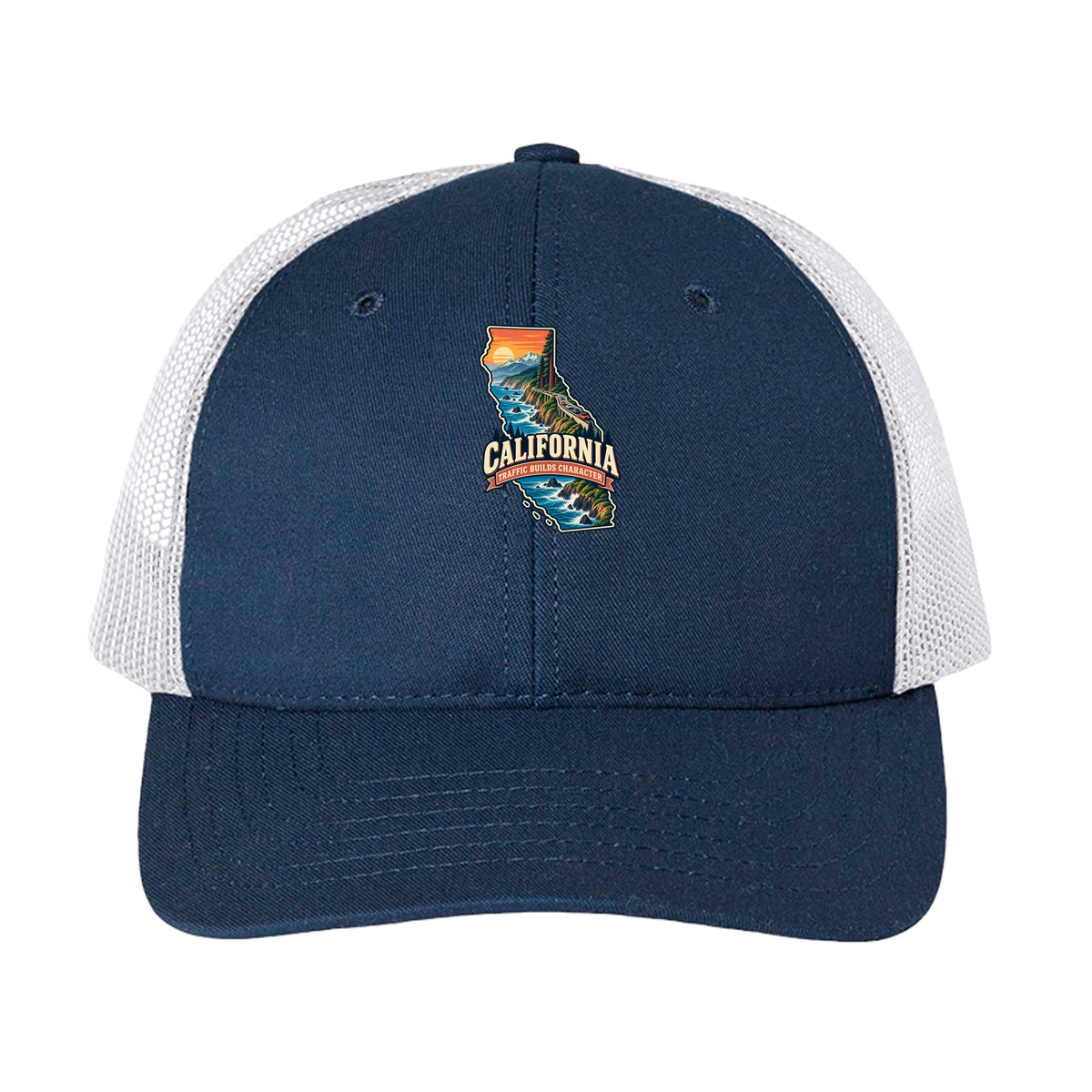 Navy/ White California Traffic Builds Character Trucker Cap, front view
