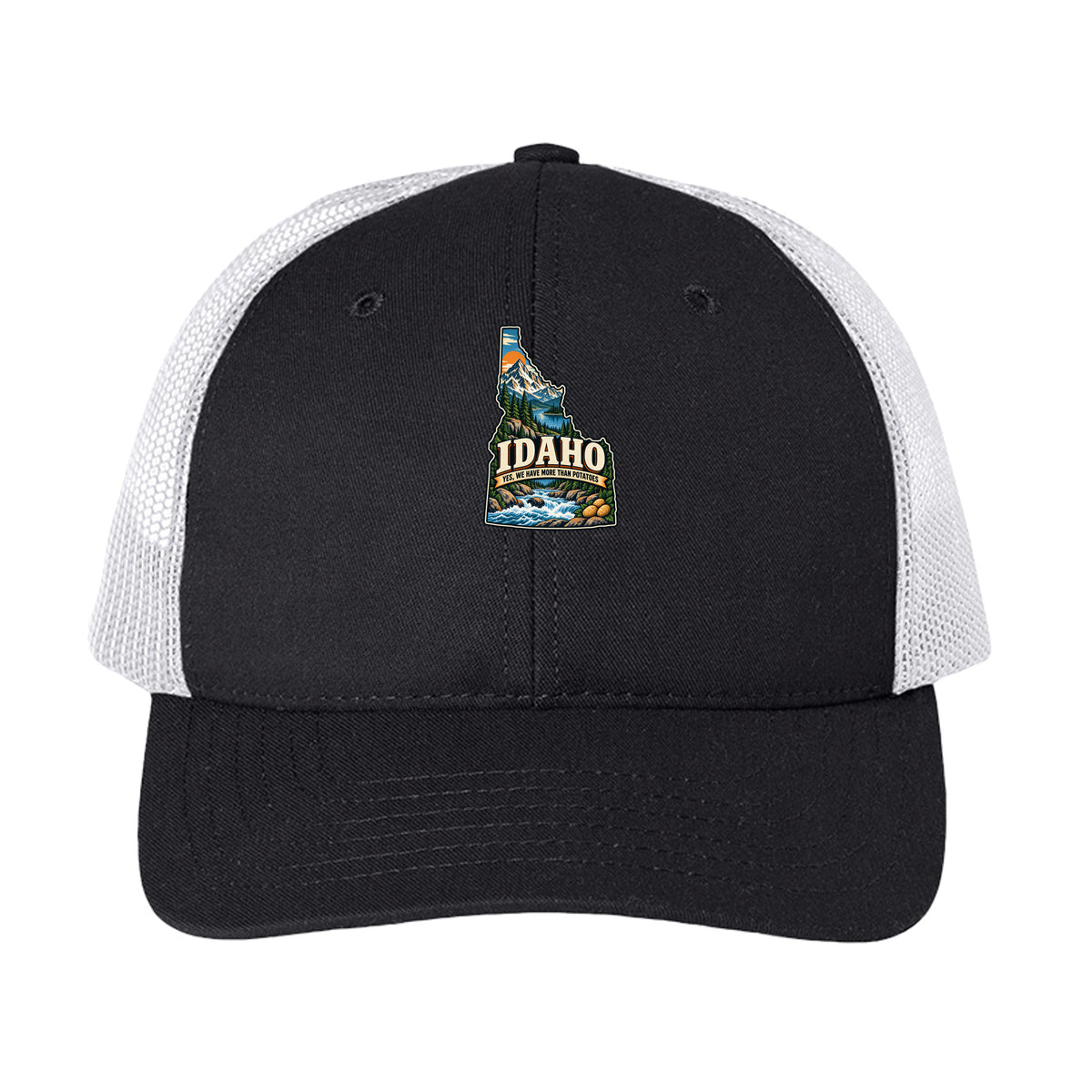 Black/ White Idaho Yes We Have More Than Potatoes Trucker Cap, front view