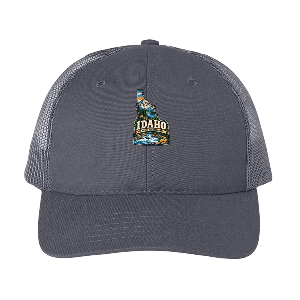 Charcoal Idaho Yes We Have More Than Potatoes Trucker Cap, front view