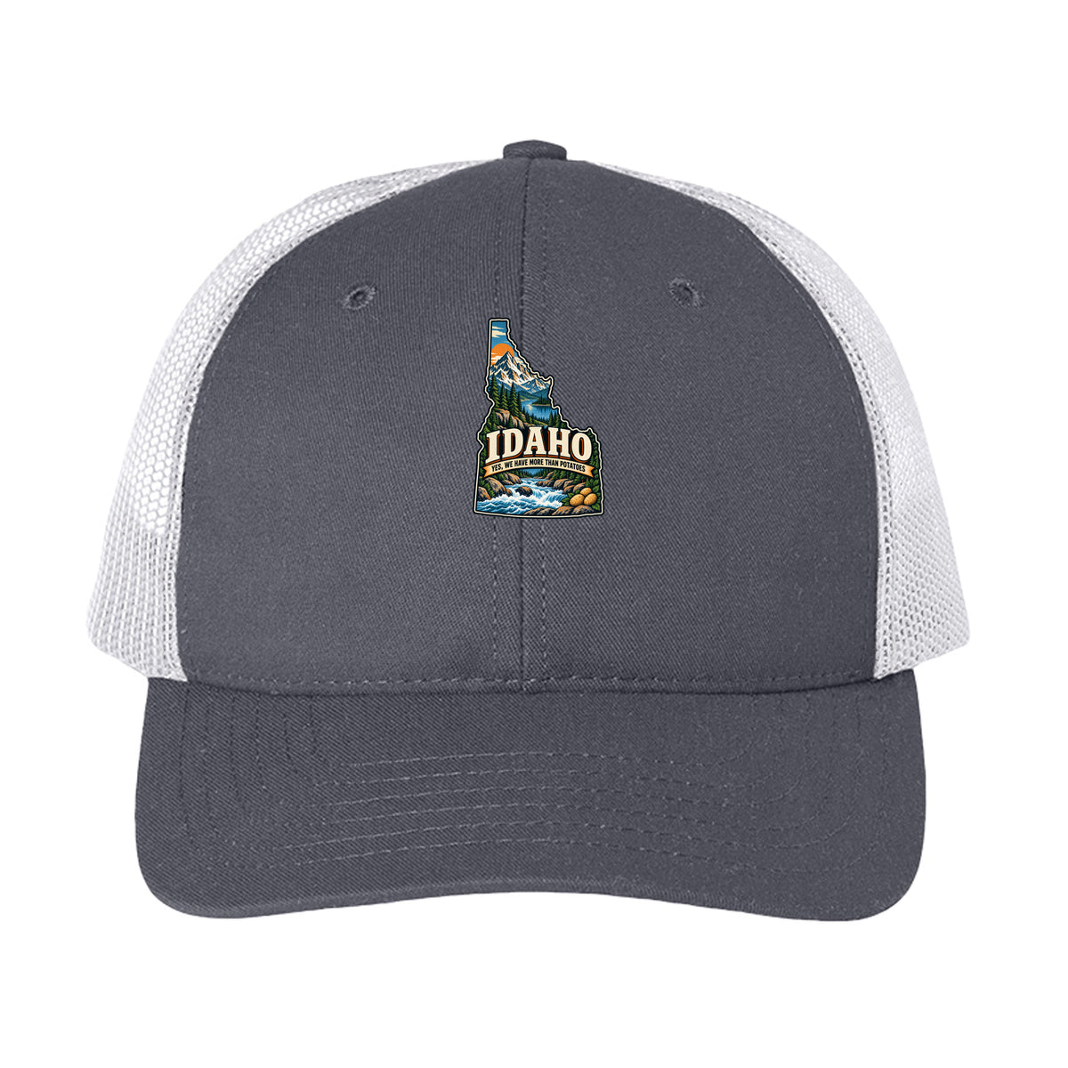 Charcoal/ White Idaho Yes We Have More Than Potatoes Trucker Cap, front view