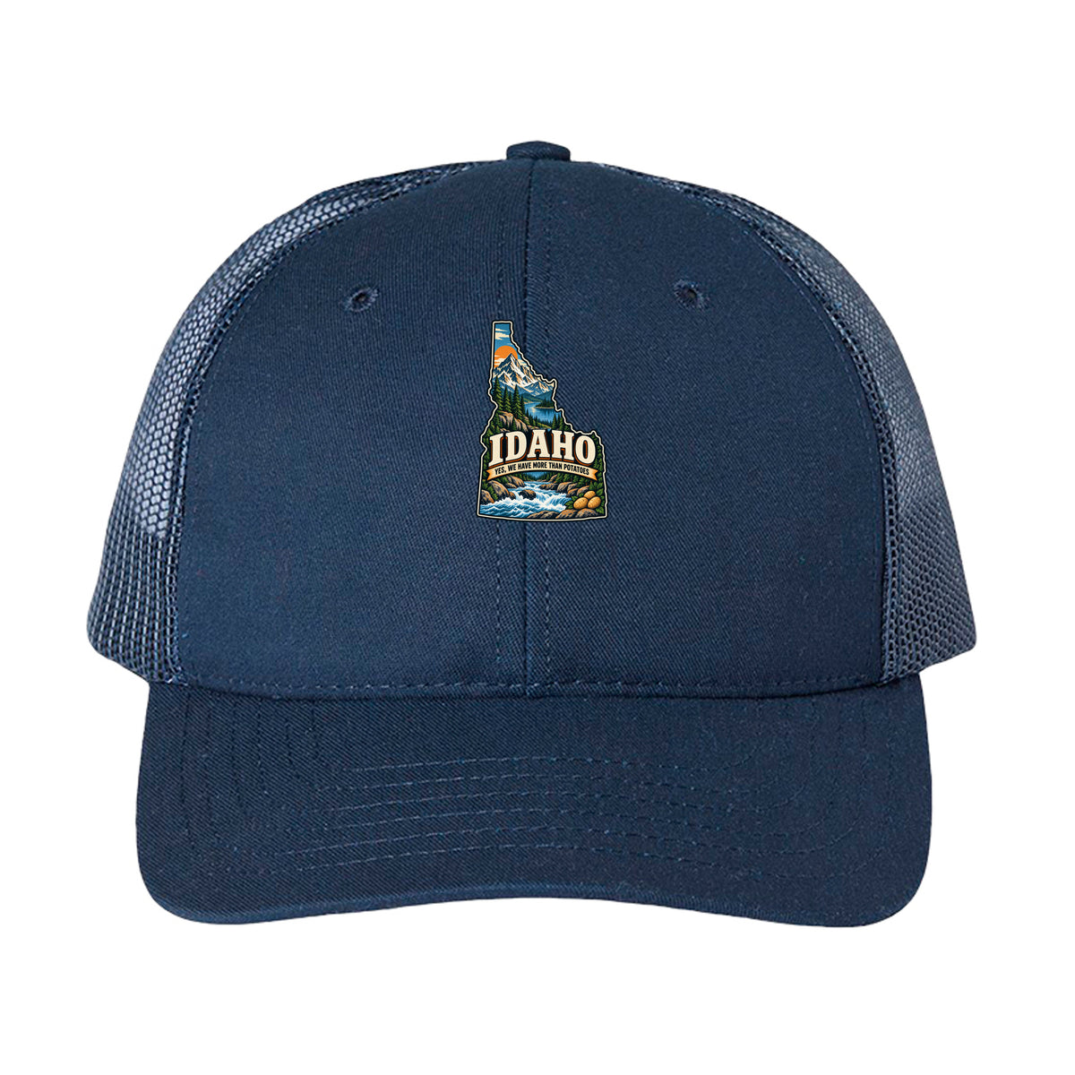 Navy Idaho Yes We Have More Than Potatoes Trucker Cap, front view