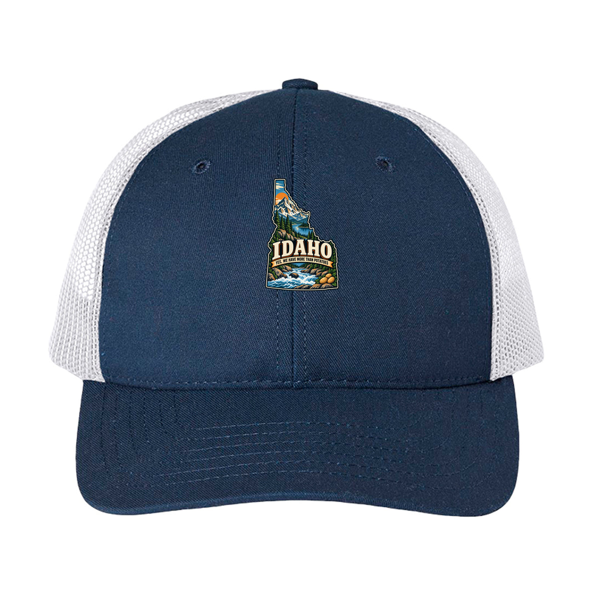 Navy/ White Idaho Yes We Have More Than Potatoes Trucker Cap, front view