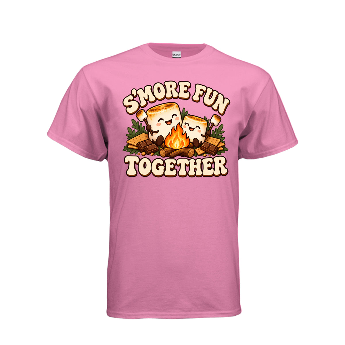 Adult pink T-shirt with “S’more Fun Together” campfire and smiling s’mores graphic
