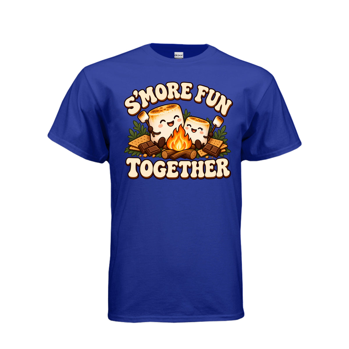 Adult blue T-shirt with “S’more Fun Together” campfire and smiling s’mores graphic
