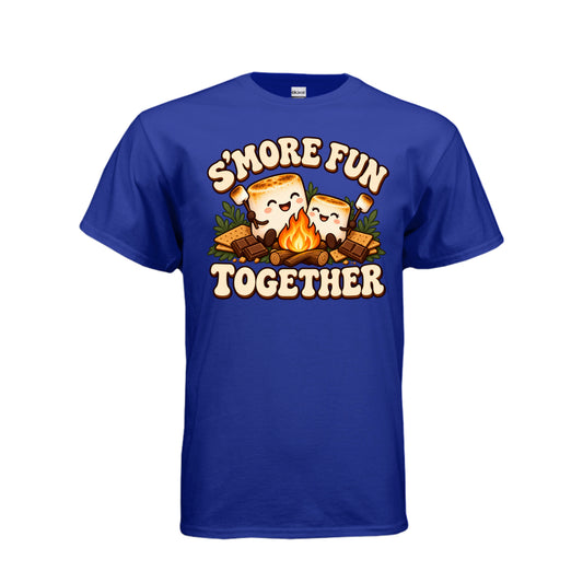 Adult blue T-shirt with “S’more Fun Together” campfire and smiling s’mores graphic