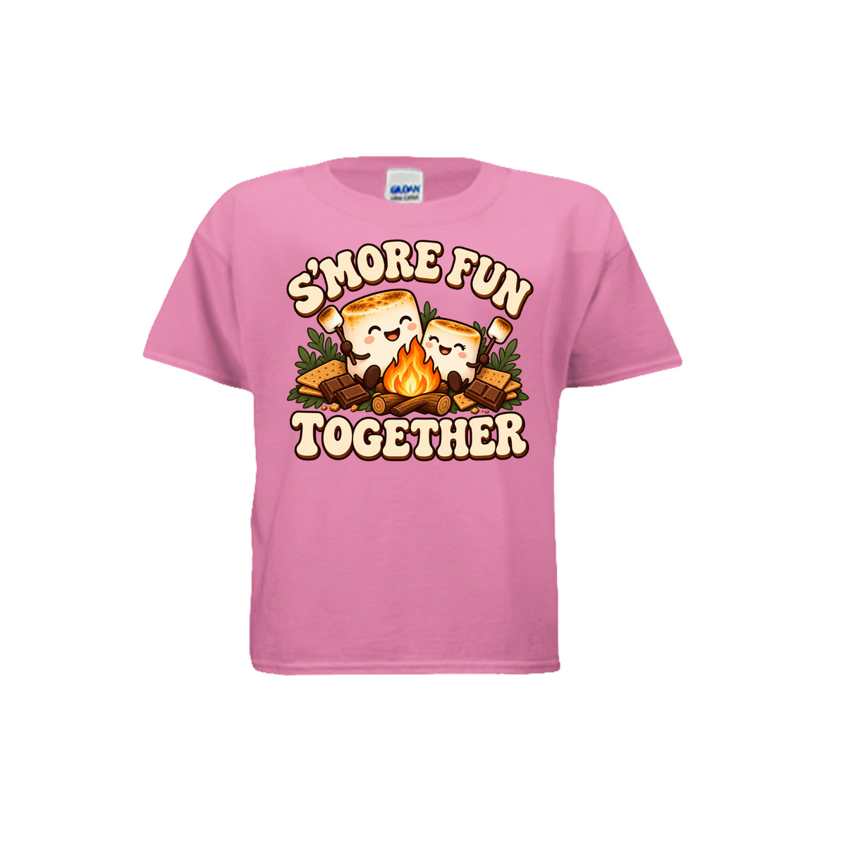Youth pink T-shirt with “S’more Fun Together” campfire and smiling s’mores graphic