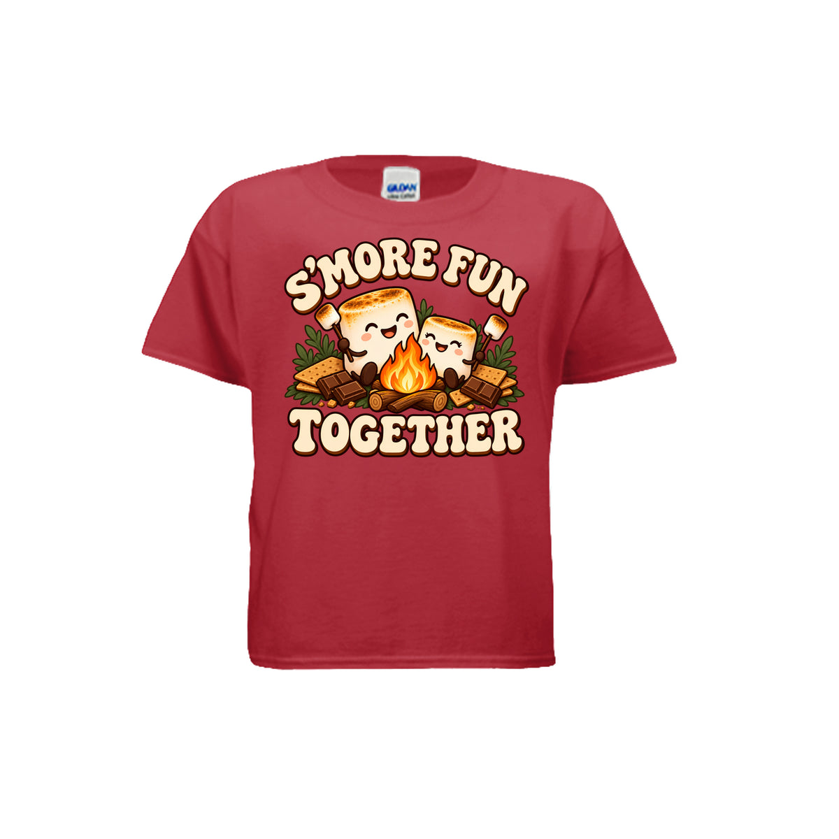 Youth red T-shirt with “S’more Fun Together” campfire and smiling s’mores graphic