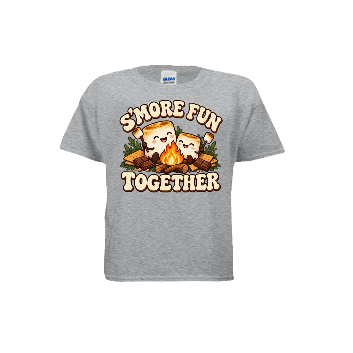 Youth gray T-shirt with “S’more Fun Together” campfire and smiling s’mores graphic