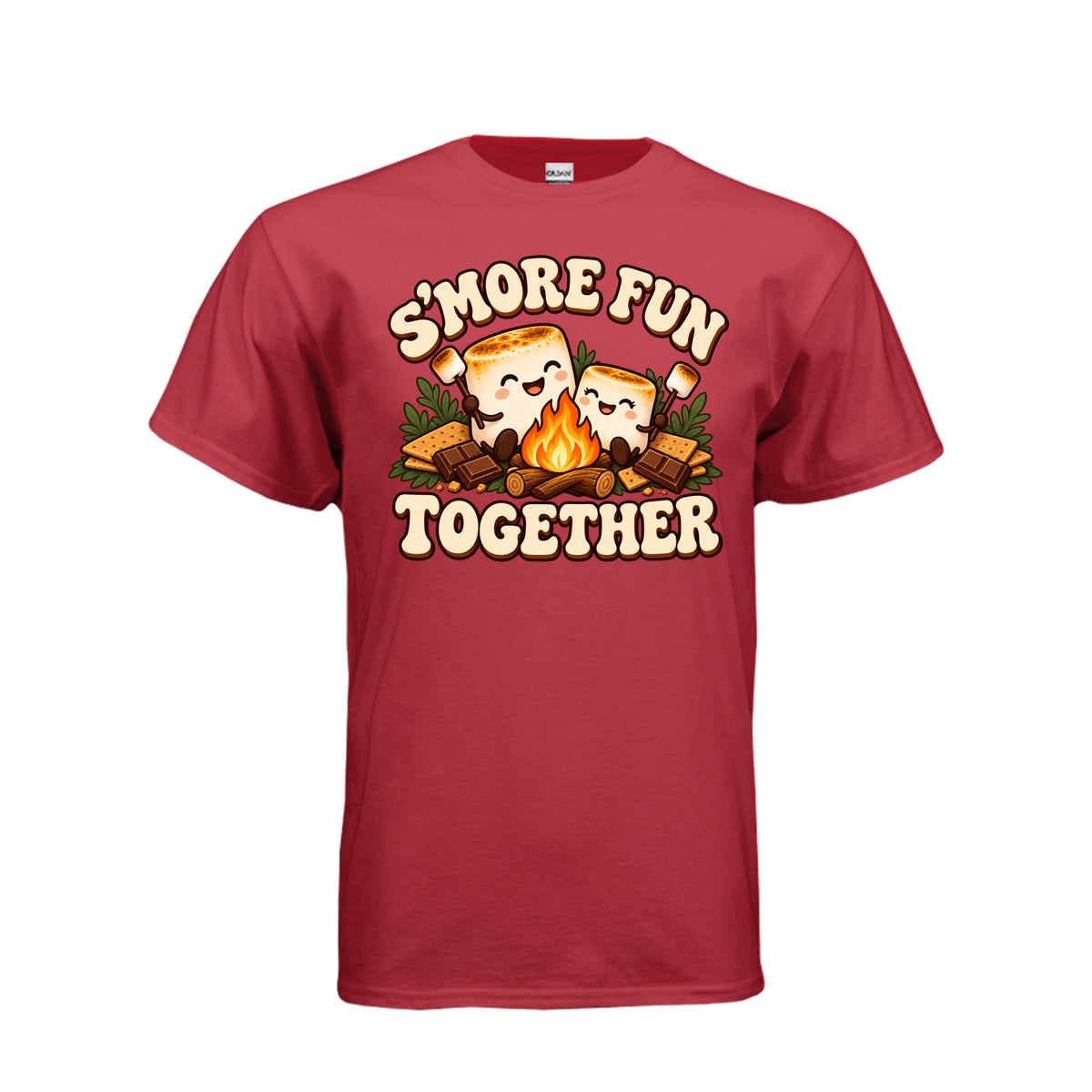 Adult red T-shirt with “S’more Fun Together” campfire and smiling s’mores graphic