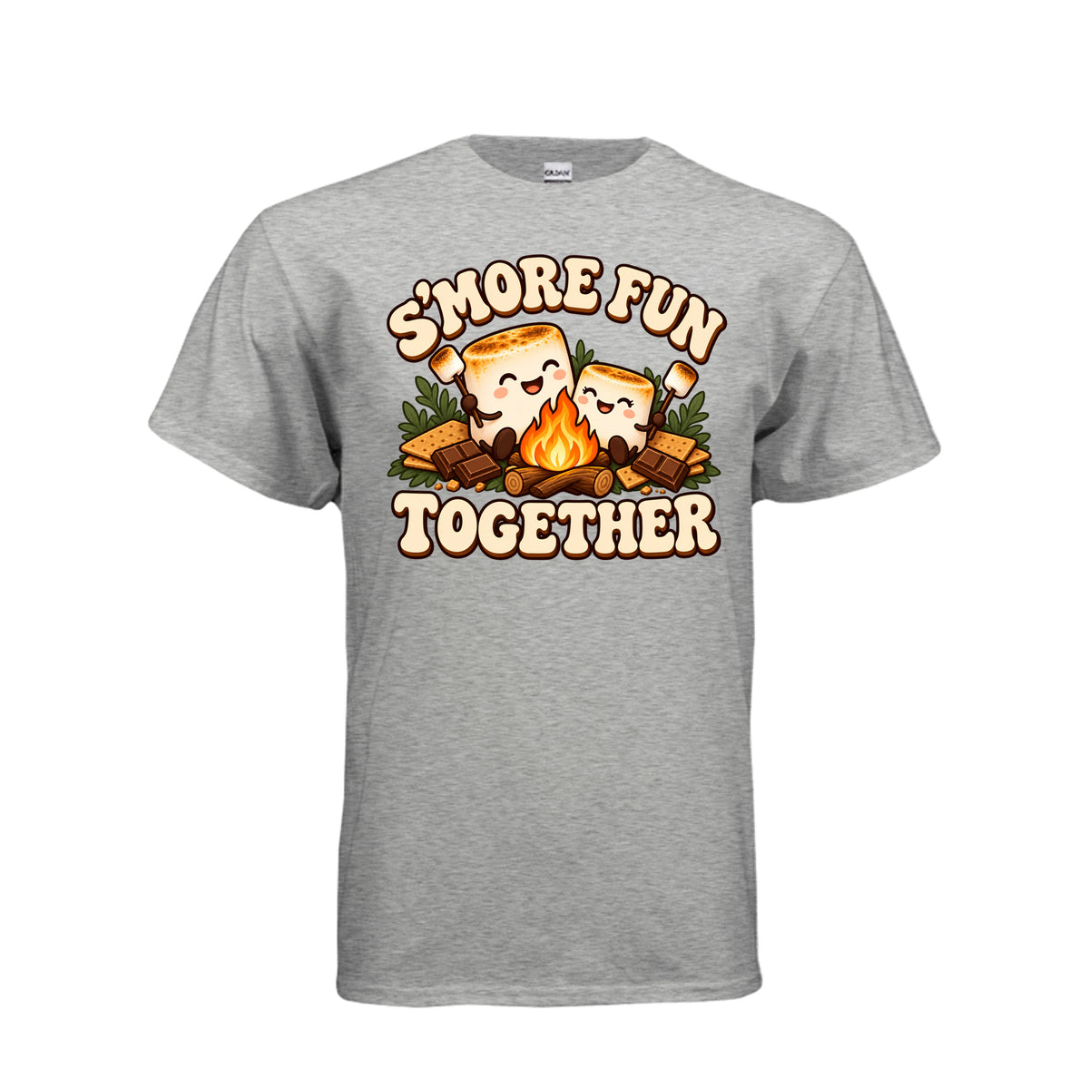 Adult gray T-shirt with “S’more Fun Together” campfire and smiling s’mores graphic