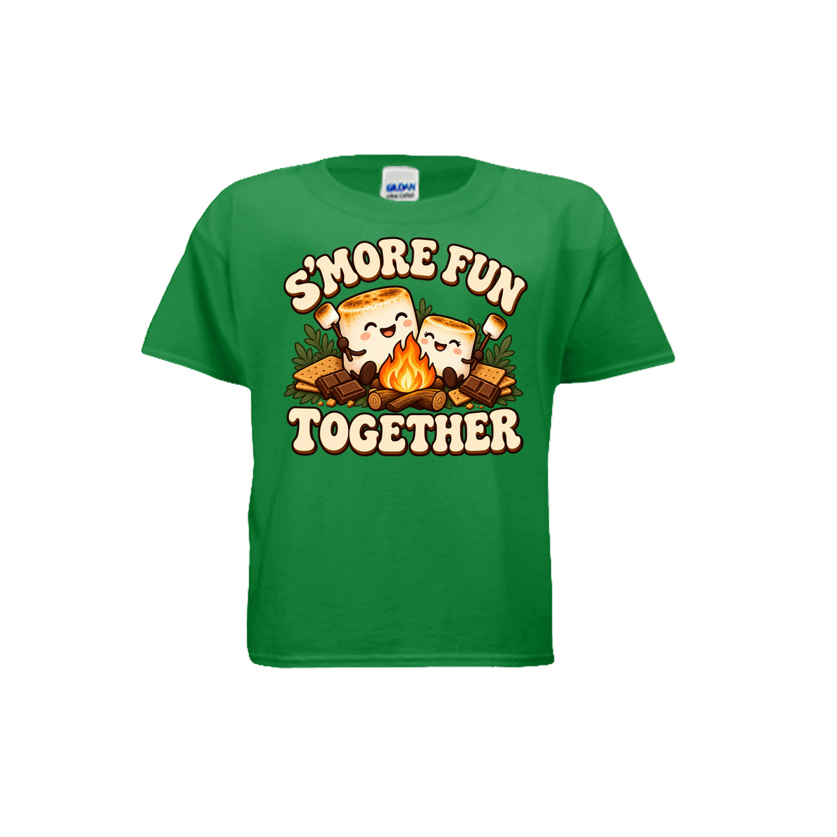 Youth green T-shirt with “S’more Fun Together” campfire and smiling s’mores graphic