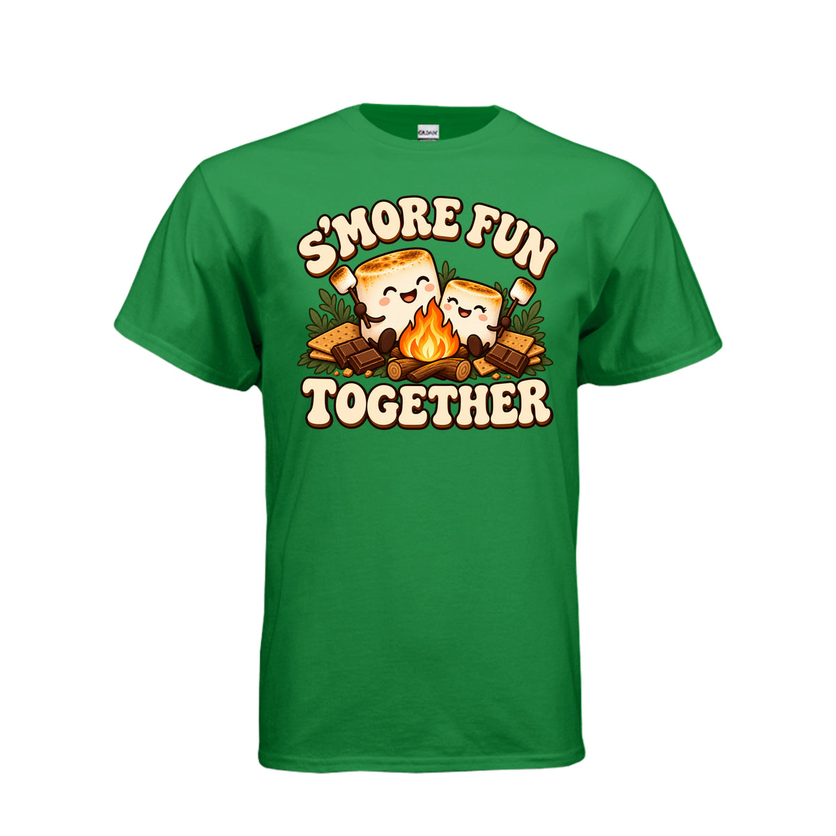 Adult green T-shirt with “S’more Fun Together” campfire and smiling s’mores graphic