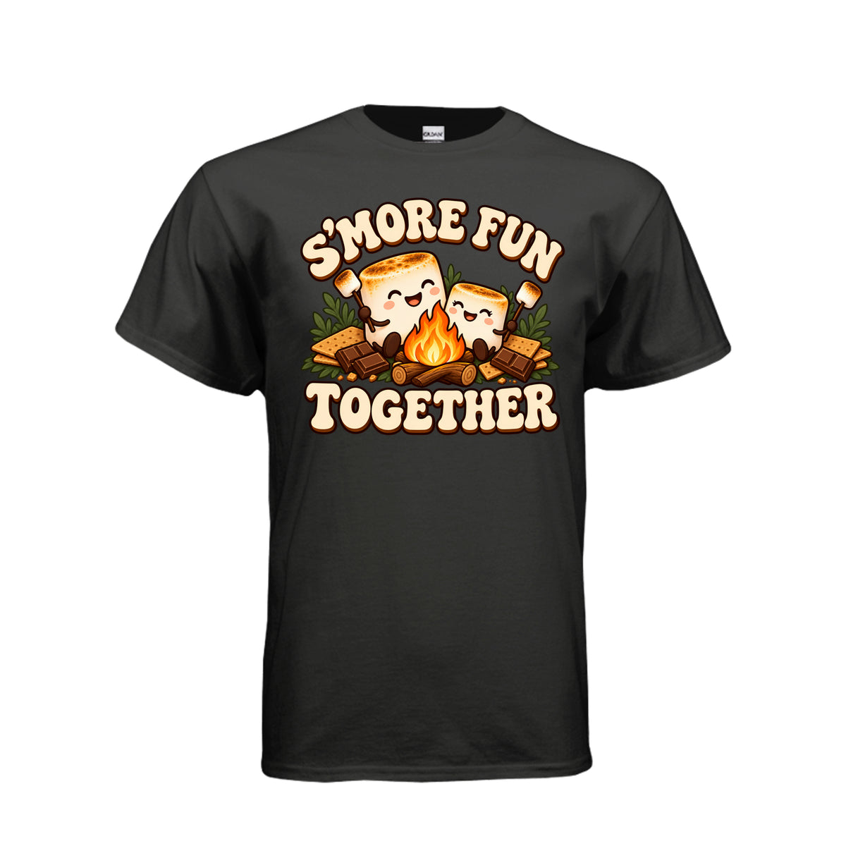 Adult black T-shirt with “S’more Fun Together” campfire and smiling s’mores graphic