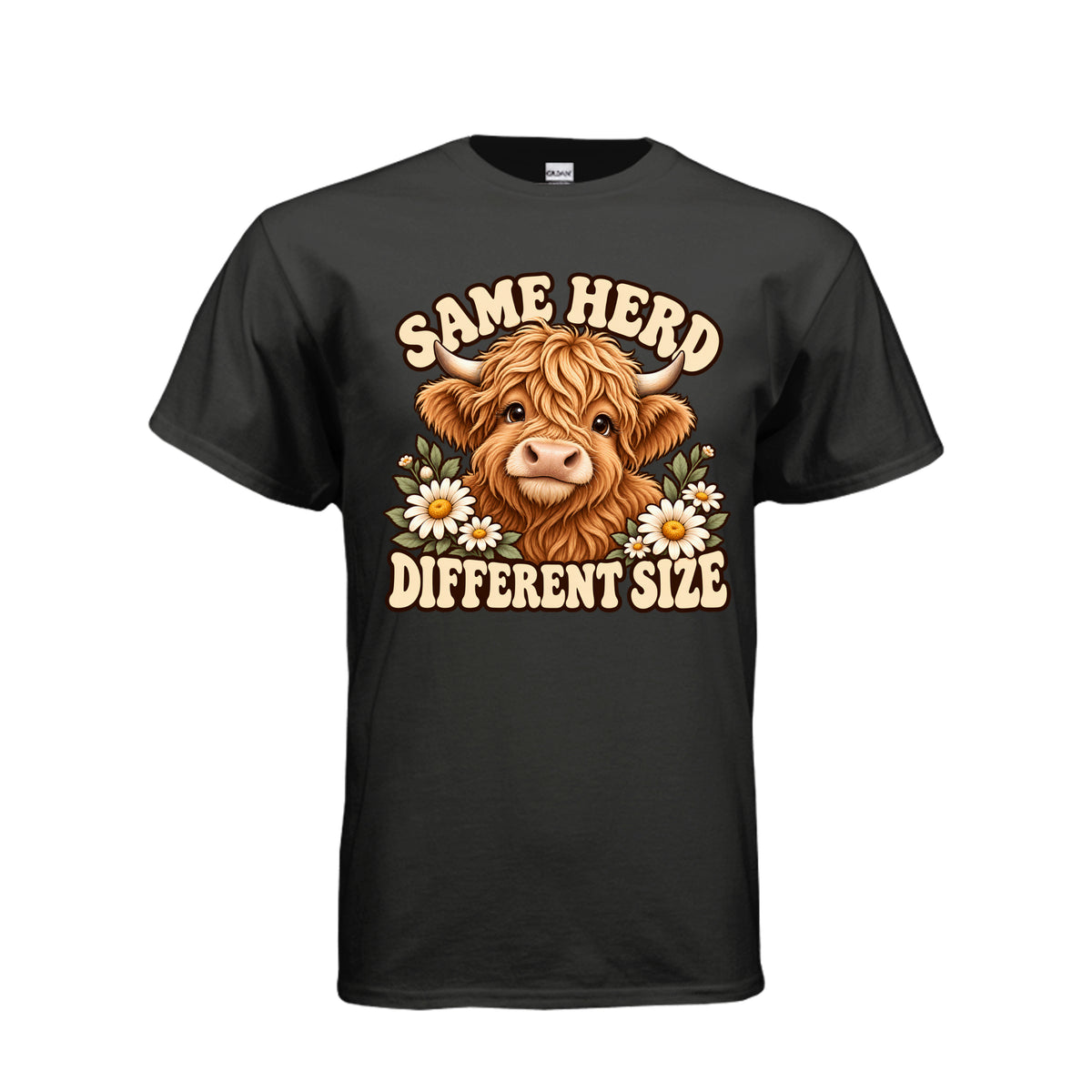 Black Adult T-shirt with Highland cow, daisies, and “Same Herd Different Size” graphic