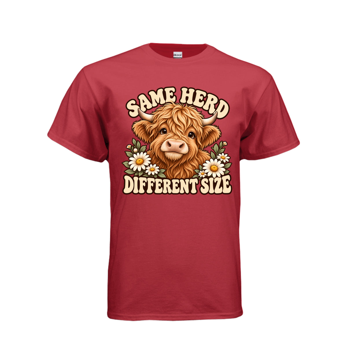 Red Adult T-shirt with Highland cow, daisies, and “Same Herd Different Size” graphic